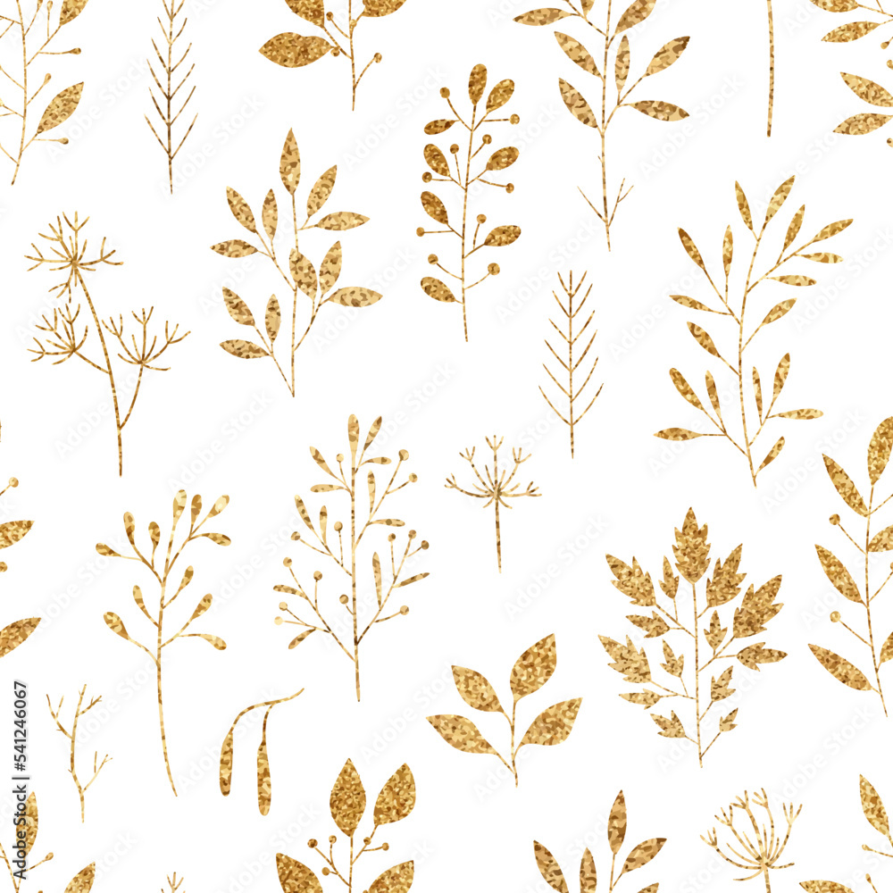 Gold floral pattern background. Vector glitter textured seamless pattern with fir branches, leaf, berries. Perfect for winter and autumn holidays. Golden Merry Christmas and New year florals Gold floral pattern background. Vector glitter textured seamless pattern with fir branches, leaf, berries. Perfect for winter and autumn holidays. Golden Merry Christmas and New year florals