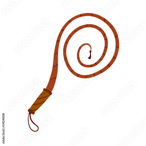 Whip for training an animal. Long cord. Horsewhip of Wild West. Flat cartoon. Concept of slavery, submission and domination