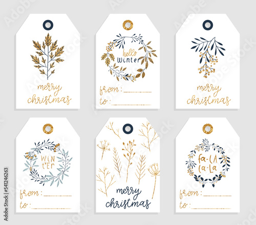 Gold floral gift tags design. Vector glitter textured fir branches  leaf  berries  leaves on labels. Perfect for winter and autumn holidays greeting cards. Golden Merry Christmas and New year florals