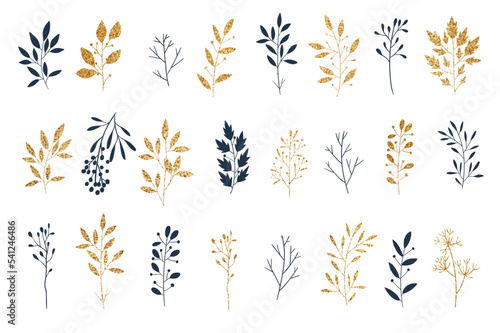 Gold floral elements collection. Vector glitter textured fir branches, leaf, berries, leaves botanical set. Perfect for winter and autumn holidays. Golden Merry Christmas and New year card, banner