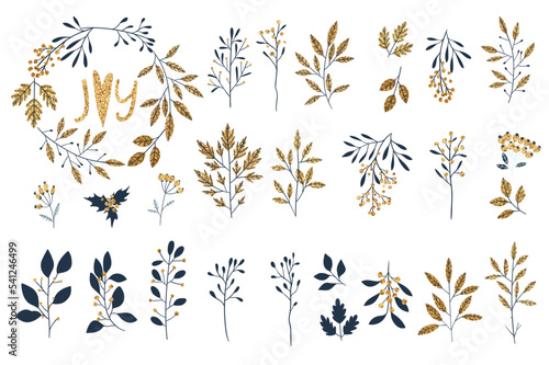 Gold floral elements collection. Vector glitter textured  fir branches, leaf, berries, leaves botanical set. Perfect for winter and autumn holidays. Golden Merry Christmas and New year card, banner