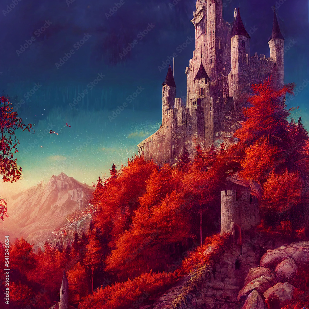 Fairy medieval castles on mountains background Fairy medieval castles on mountains background