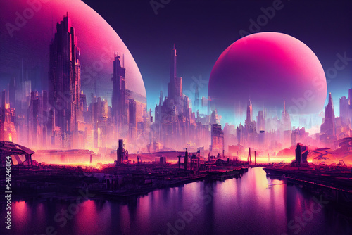 Cyberpunk fantasy cityscape digital art illustation