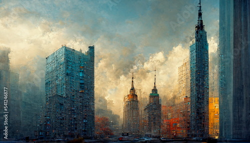 Illustration skyscrapers and offices in New York City USA. Digital art