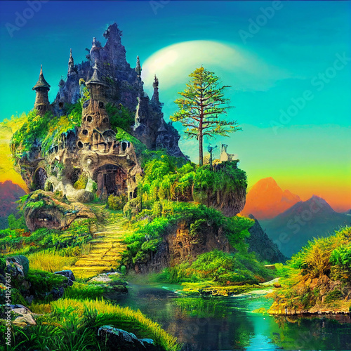castle on top of a mystical cliff high above a beautiful Landscape © rufous