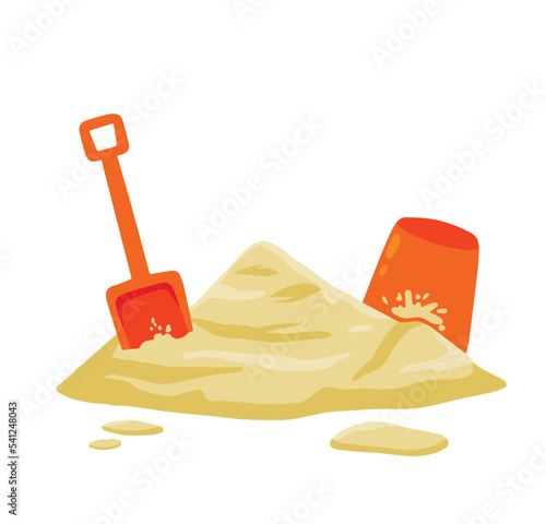 Orange bucket and scoop with pile of sand. Children play on beach. Shovel of kids. Summer holiday. Recreation and entertainment. Cartoon flat illustration