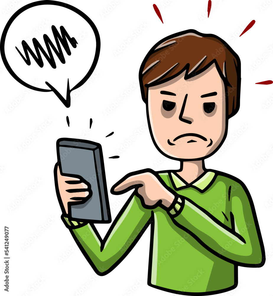 Man with mobile phone. Unpleasant conversation. Angry guy with modern device. Bad SMS and talking problems. Bubble for text. Cartoon hand drawn sketch illustration Man with mobile phone. Unpleasant conversation. Angry guy with modern device. Bad SMS and talking problems. Bubble for text. Cartoon hand drawn sketch illustration