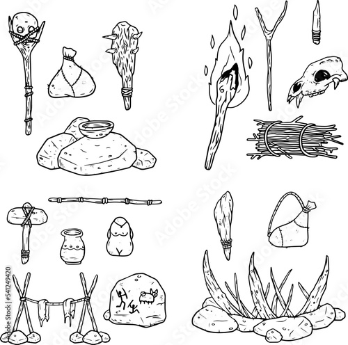 Set of items of primitive man and hunter. Weapons of caveman. Stone age hammer, axe and club. Lifestyle and tool. Cartoon illustration