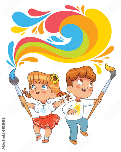 Boy and girl painting a big colorful splash with a brush. Colorful cartoon characters. Funny vector illustration. Isolated on white background