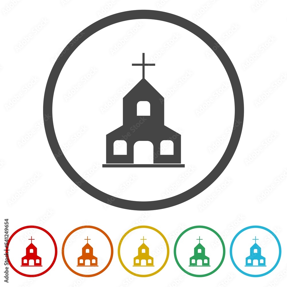 Church building icon. Set icons in color circle buttons