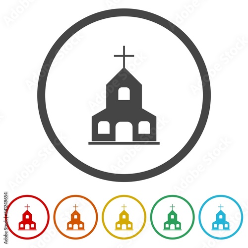 Church building icon. Set icons in color circle buttons