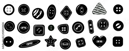 Black clothing buttons. Simple sewing textile accessories icons, round dressmaking elements for fashion design. Vector textile isolated set