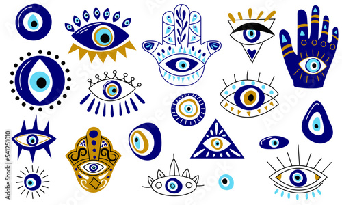 Turkish eye collection. Abstract cartoon blue evil eye Hamsa magic icons, fantasy esoteric talisman protection. Vector contemporary set © Tartila