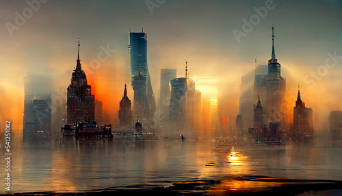 Illustration Lower Manhattan skyline at sunrise New York City USA. Digital art