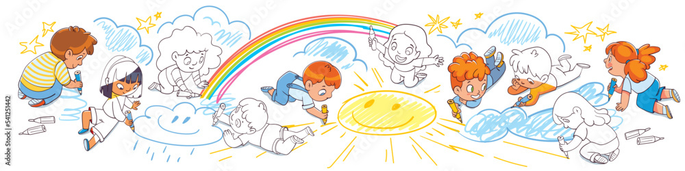 Children draw scribbles on the floor and wall with colored crayons ...