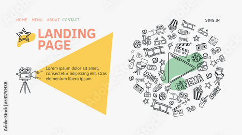 Cinema doodle landing page. Internet app for movie watching. Vector web banner with film production equipment. Website homepage with clapper, director chair, camera, glasses, ticket, drink and popcorn