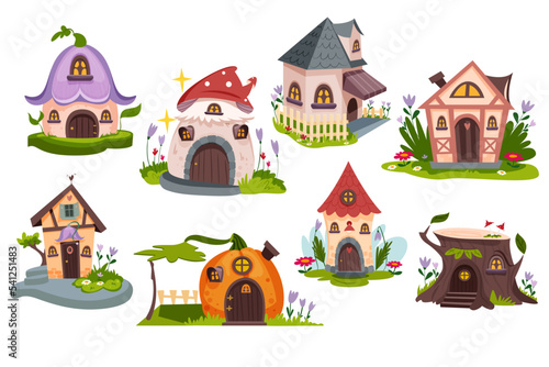 Cartoon fairytale houses. Cute dwellings or buildings set of gnome, dwarf or elf. Magic forest village with beautiful agaric mushroom, pumpkin and stump homes in green garden or fantasy wood.