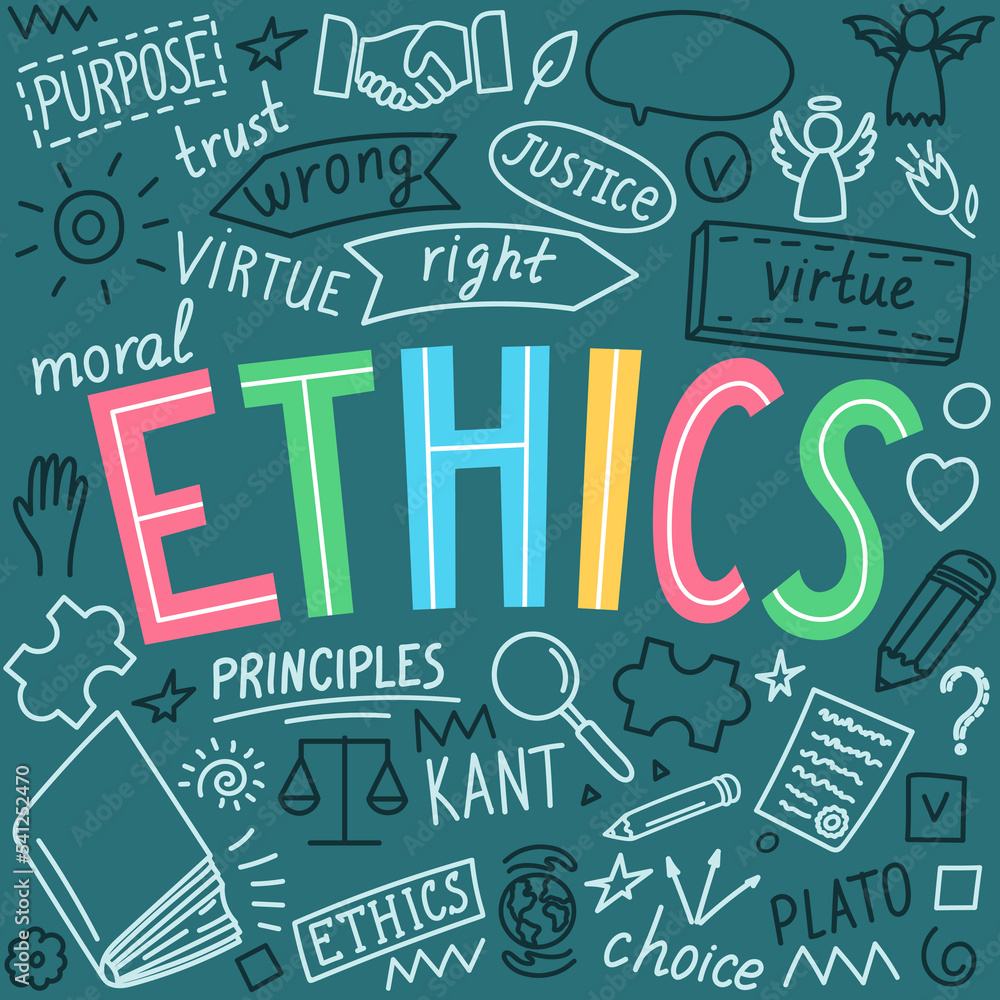 Ethics. Moral hand drawn doodles and lettering. Education vector