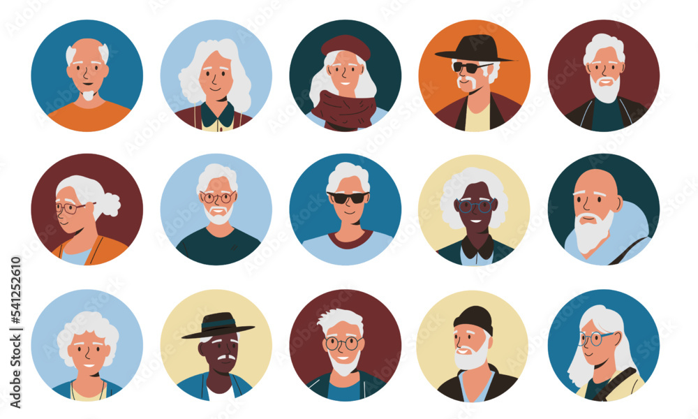 Senior people avatars. Cartoon older characters round icons, happy aged men women faces, pensioner portraits for social media. Vector isolated set Senior people avatars. Cartoon older characters round icons, happy aged men women faces, pensioner portraits for social media. Vector isolated set