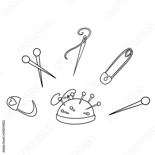 Monochrome icon set, soft pillow for pins and needles, vector cartoon