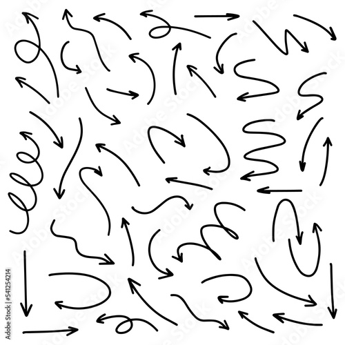 A large doodle set with abstract arrows drawn by hand. Simple vector illustration on a white background.