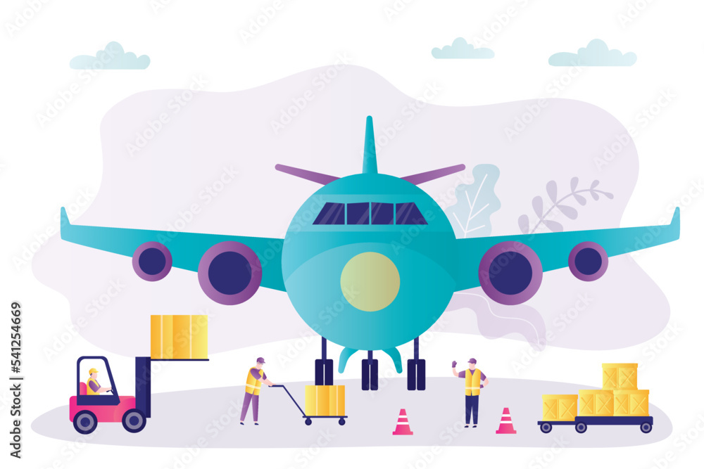 Air cargo services and freight, big airplane with autoloader at airport. Workers unloading or loading of goods into plane. Forklift and various boxes near aircraft. Global transportation,