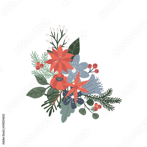 Winter Christmas floral bouquet with flowers, spruce, green leaves. Botanical nature plant, foliage arrangement vector illustration