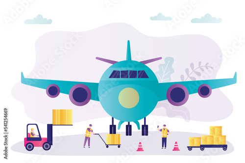 Air cargo services and freight  big airplane with autoloader at airport. Workers unloading or loading of goods into plane. Forklift and various boxes near aircraft. Global transportation 