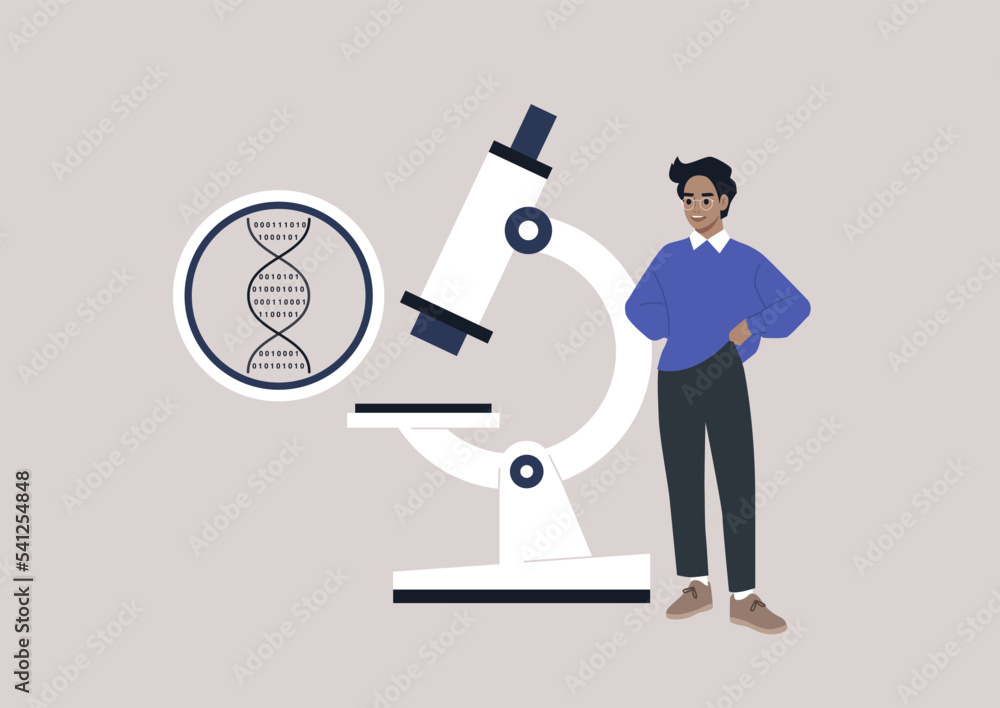 DNA digital code under the microscope, biotech and bio hacking, a young male Caucasian scientist presenting a discovery DNA digital code under the microscope, biotech and bio hacking, a young male Caucasian scientist presenting a discovery