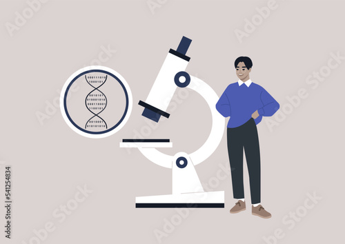 DNA digital code under the microscope, biotech and bio hacking, a young male Asian scientist presenting a discovery