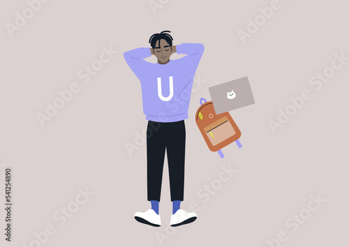 A top view of a young resting African student lying on a floor with hands behind their head