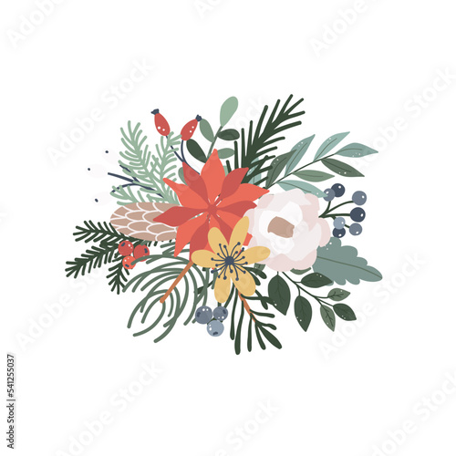 Winter Christmas floral bouquet with flowers, spruce, green leaves. Botanical nature plant, foliage arrangement vector illustration