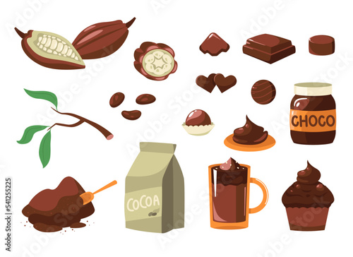 Cartoon cocoa. Brown beans for cacao milk dark chocolate drink candy, sweet product for dessert beverage cosmetics. Vector isolated set