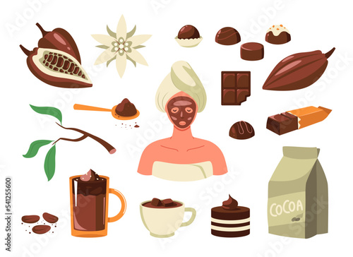 Cacao products. Cartoon cocoa beans powder for mil dark chocolate drink cake candy bar, sweet elements flat style. Vector isolated collection