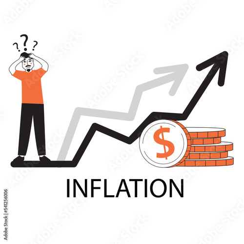Economic inflation dollar value increase.Cost low and loss. Tiny people standing near piles of coins.Financial crisis.Character cartoon flat cartoon style.Isolated on white background.