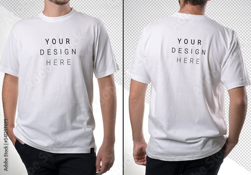 Front and Back of an Editable Tee-Shirt Worn by an Unrecognizable Model on Customizable Background