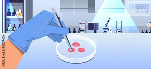 scientist hands holding cultured red raw meat made from animal cells artificial lab grown meat production concept