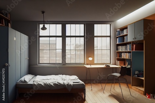 Room with a bed, a desk, a chair and a bookshelf, a large bright window 3d illustration