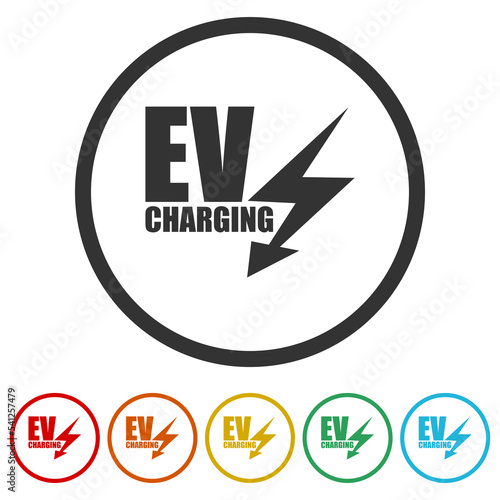 Electric car charge station icon. Set icons in color circle buttons