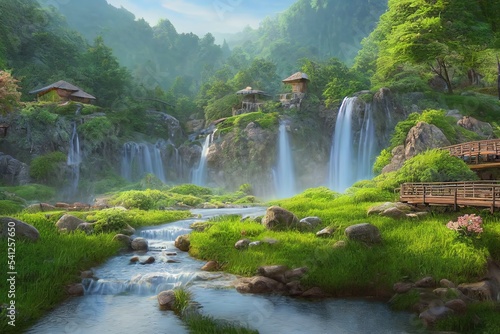 Canvas Print Mountain green valley with a waterfall and stormy water that falls from a height