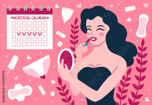 Female menstruation concept. Women with period and hygiene product sanitary pads, menstrual cup and tampon