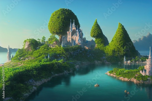 Ancient castle on a green island surrounded by a lake with trees 3d illustration photo