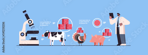 scientist controlling production process of cultured red raw meat made from animal cells artificial lab grown meat horizontal vector illustration
