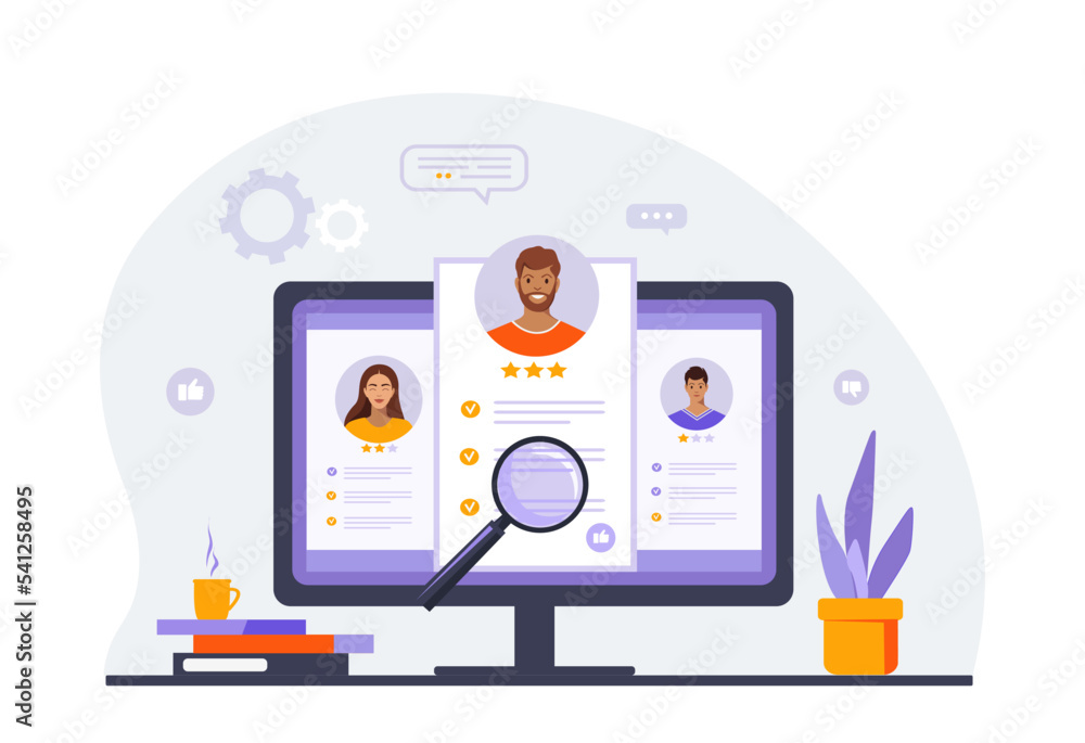 Online job interview. Recruitment and online interview with video conference concept. Flat vector illustration Online job interview. Recruitment and online interview with video conference concept. Flat vector illustration