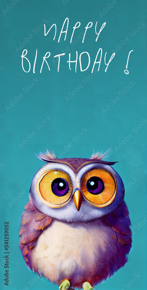Obraz premium Cute birthday greeting card with owl, digital art