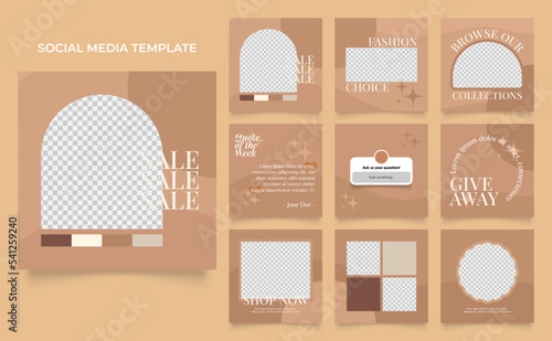 social media template banner fashion sale promotion in brown beige color. fully editable instagram and facebook square post frame puzzle organic sale poster.