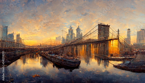 New York skyline panorama at sunset with Brooklyn Bridge. Digital art and Concept digital illustration