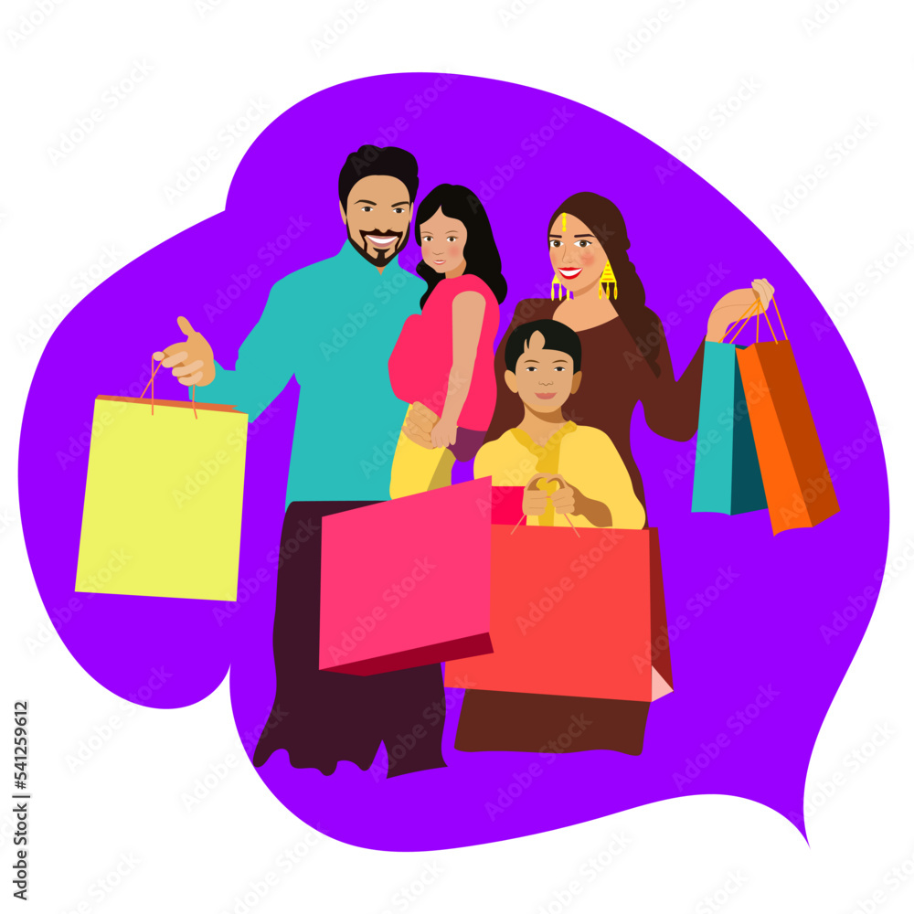 Beautiful Indian family holding bags with gifts in the mall.Joyful woman, man and children are holding bags. Vector illustration isolated from the background