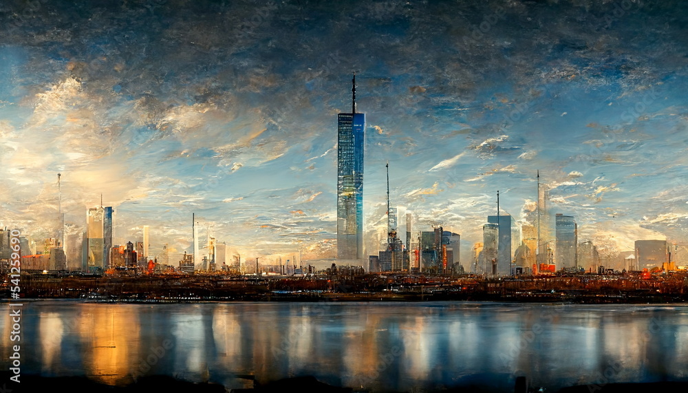 New York City skyline panorama with One World Trade Center. Digital art and Concept digital illustration.