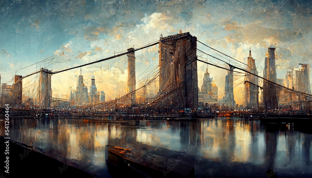 New York skyline panorama with Brooklyn Bridge. Digital art and Concept ...